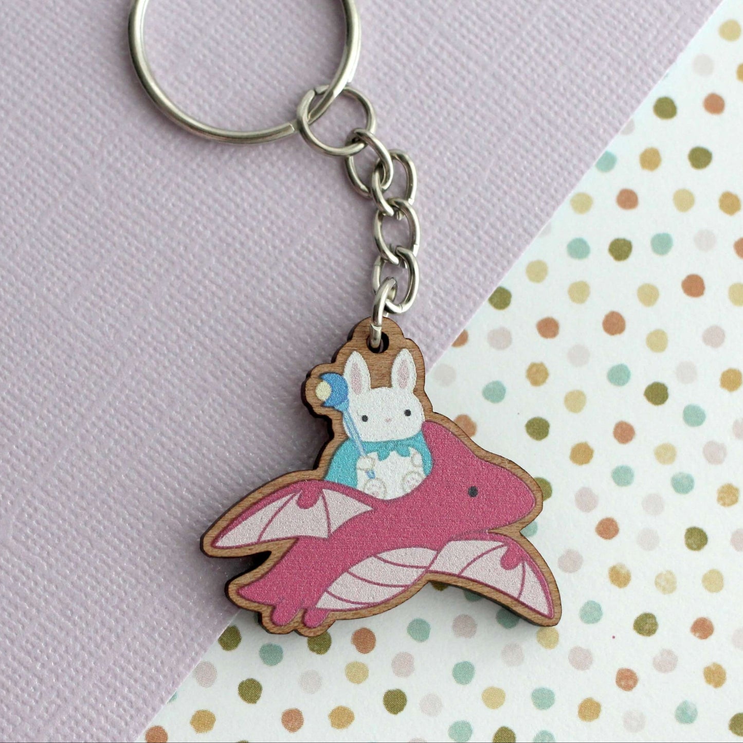 Dragon Bunny Mage Wooden Keychain - Fantasy Wood Charm