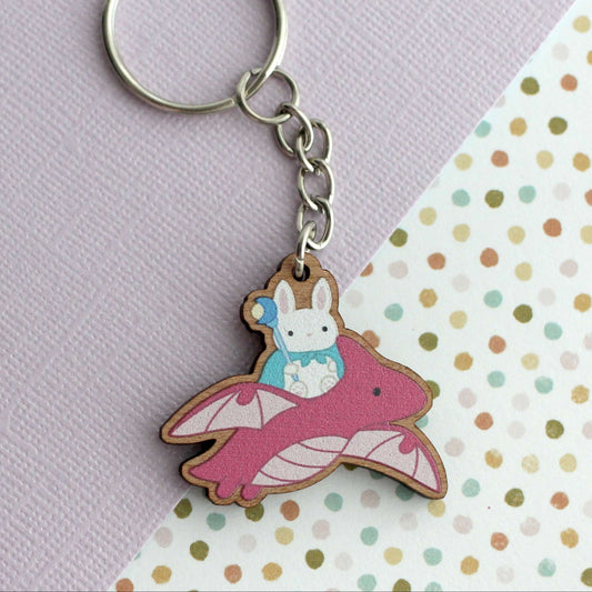 Dragon Bunny Mage Wooden Keychain - Fantasy Wood Charm