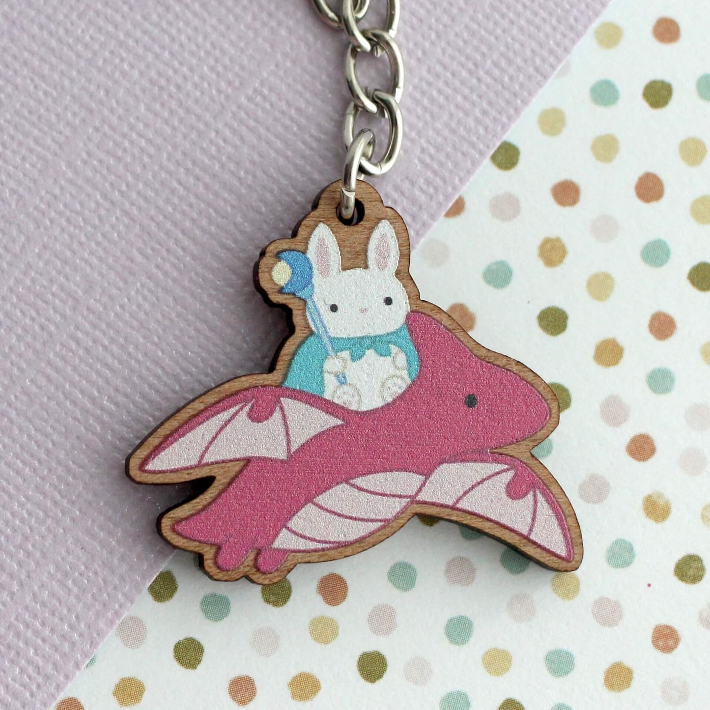 Dragon Bunny Mage Wooden Keychain - Fantasy Wood Charm