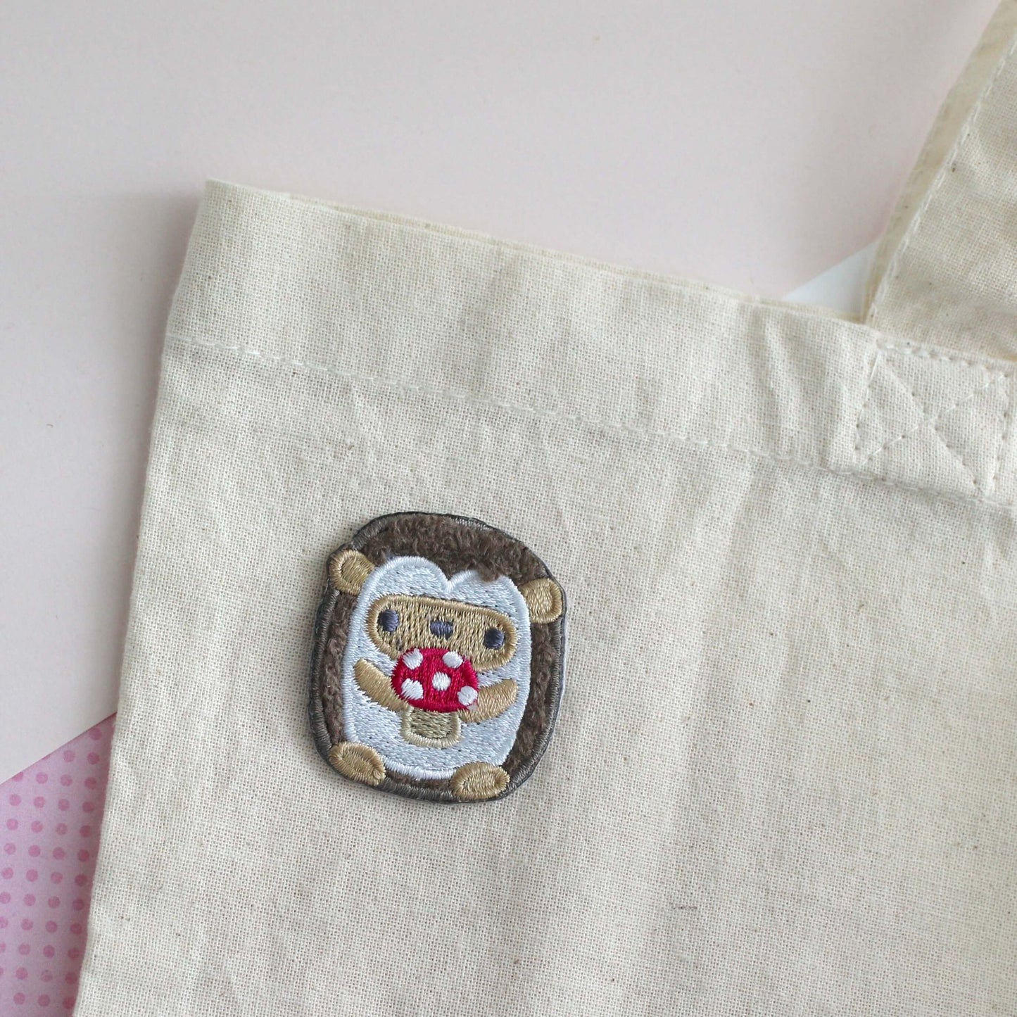 Hedgehog holding Mushroom Chenille Embroidered Iron-On Patch