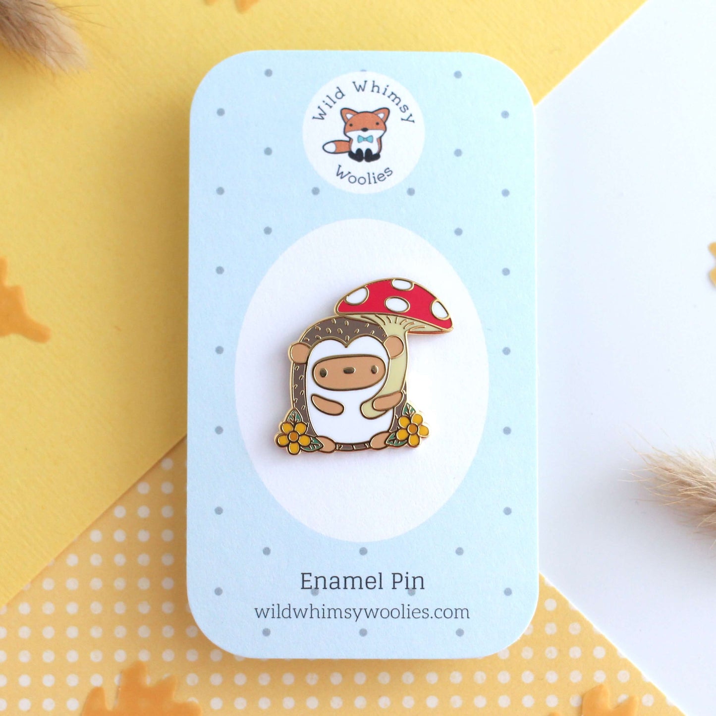 Hedgehog Holding Red Mushroom Umbrella Enamel Pin