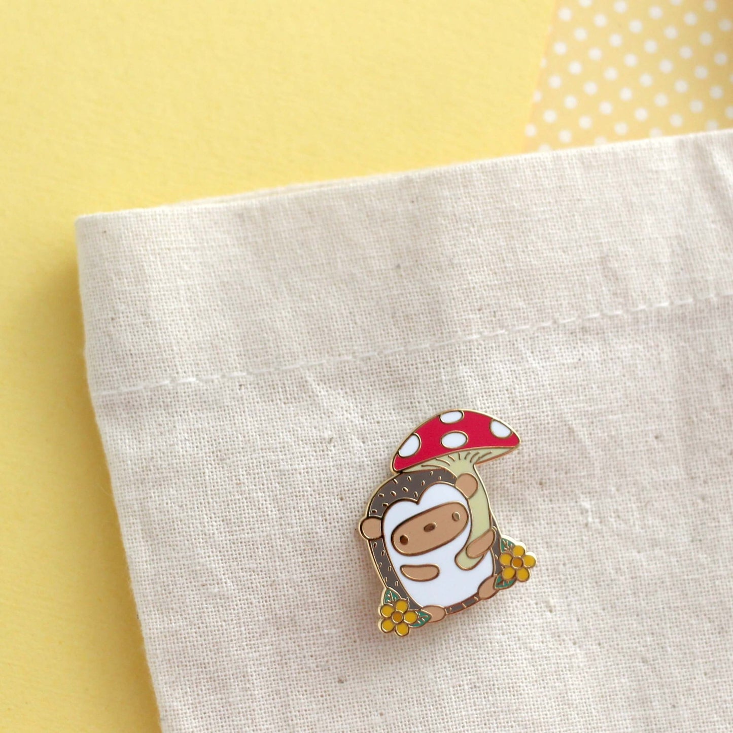 Hedgehog Holding Red Mushroom Umbrella Enamel Pin