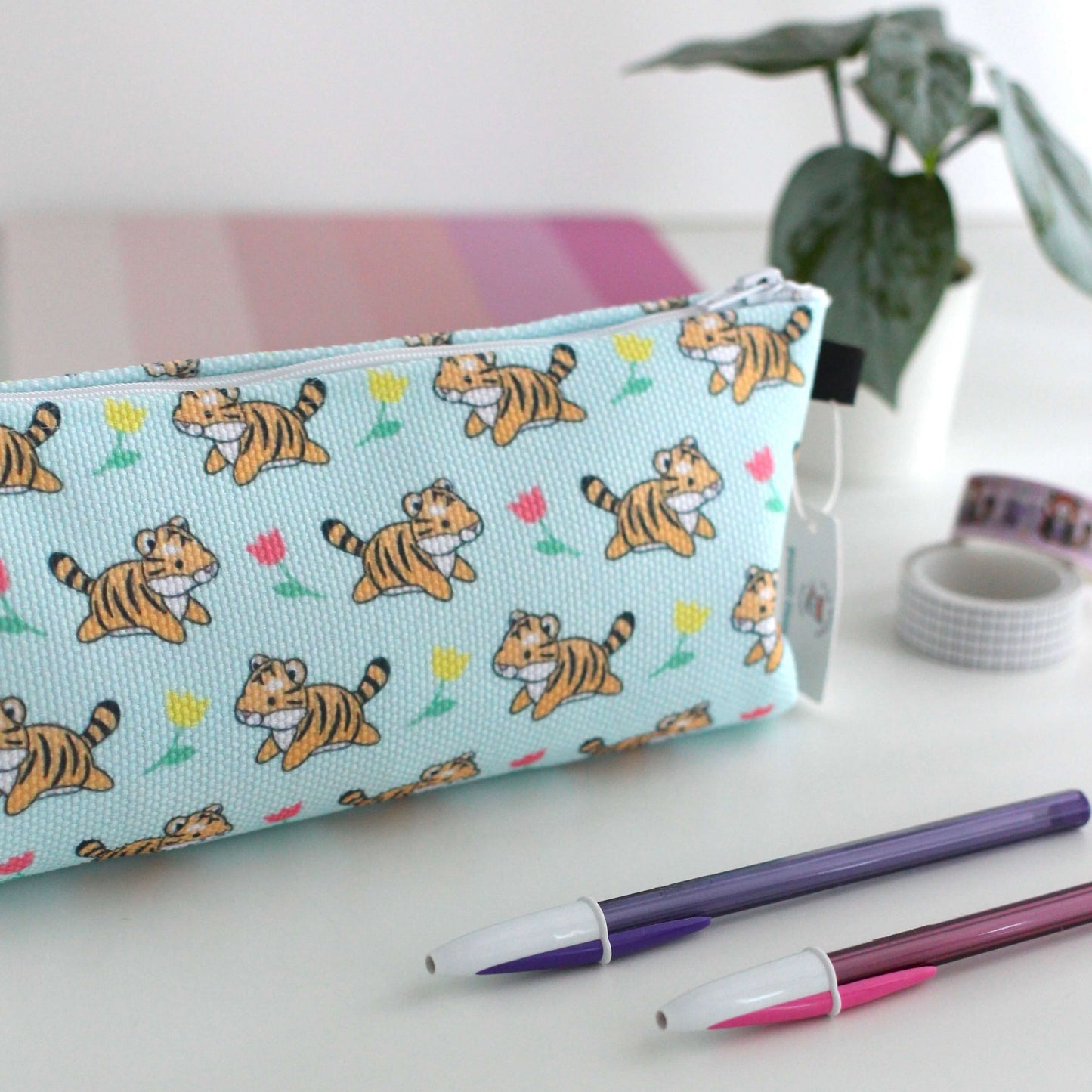 Leaping Tigers with Tulips Pencil Case / Zipper Pouch