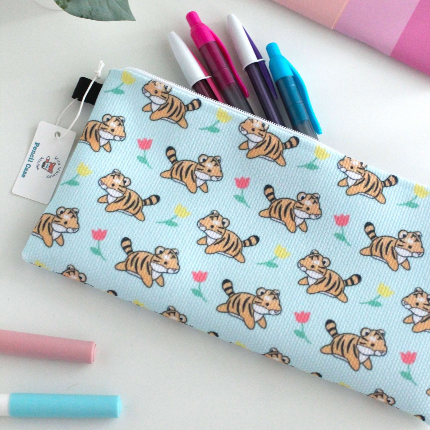 Leaping Tigers with Tulips Pencil Case / Zipper Pouch