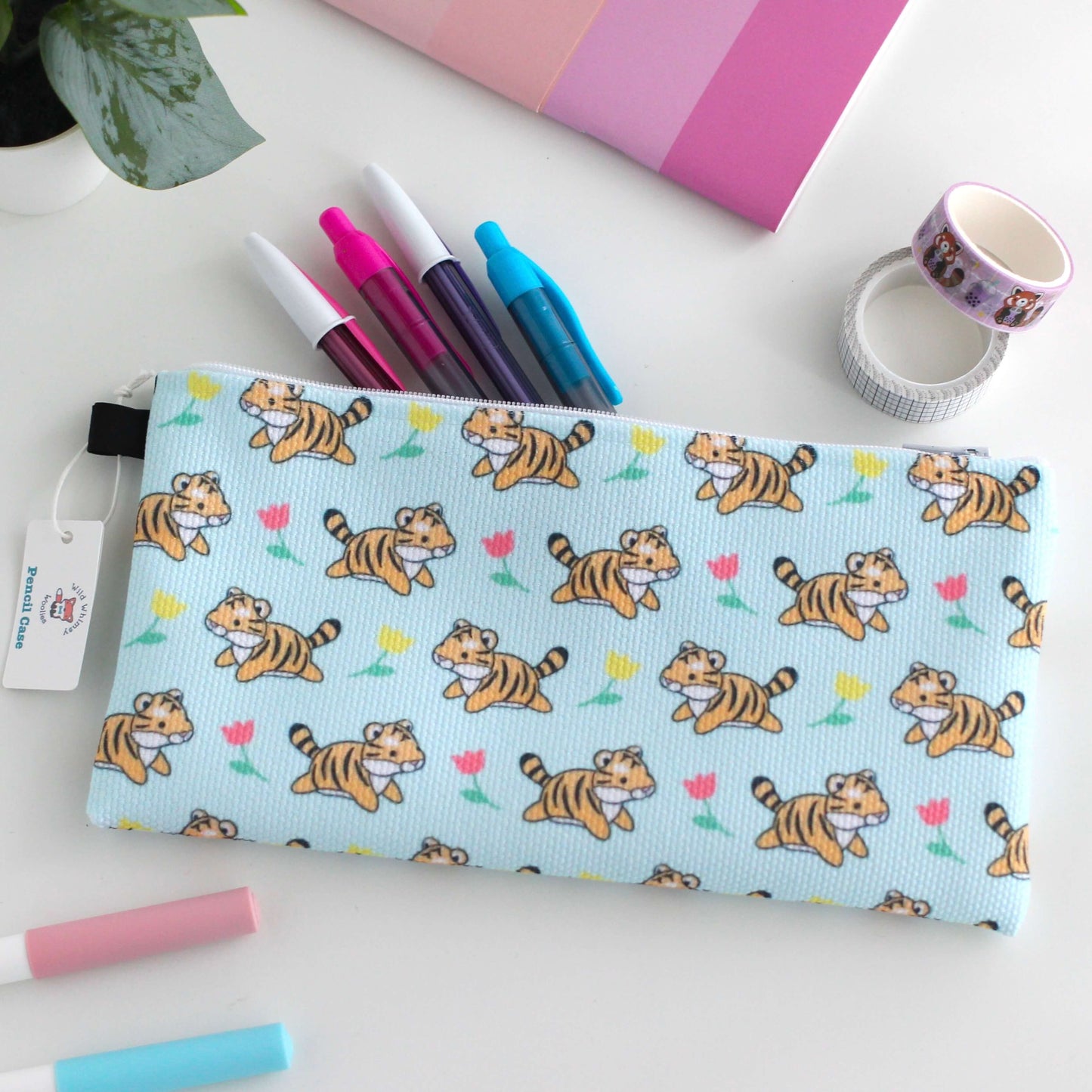 Leaping Tigers with Tulips Pencil Case / Zipper Pouch