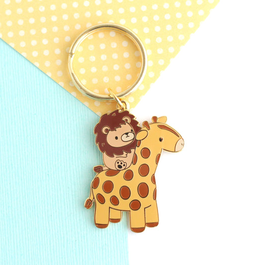 Lion Riding a Giraffe Enamel Keychain