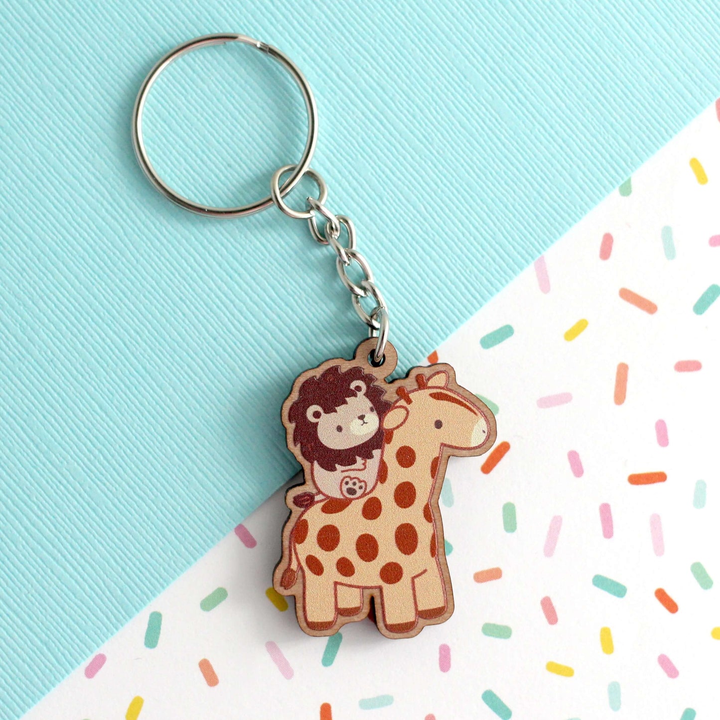 Lion Riding a Giraffe Wooden Keychain