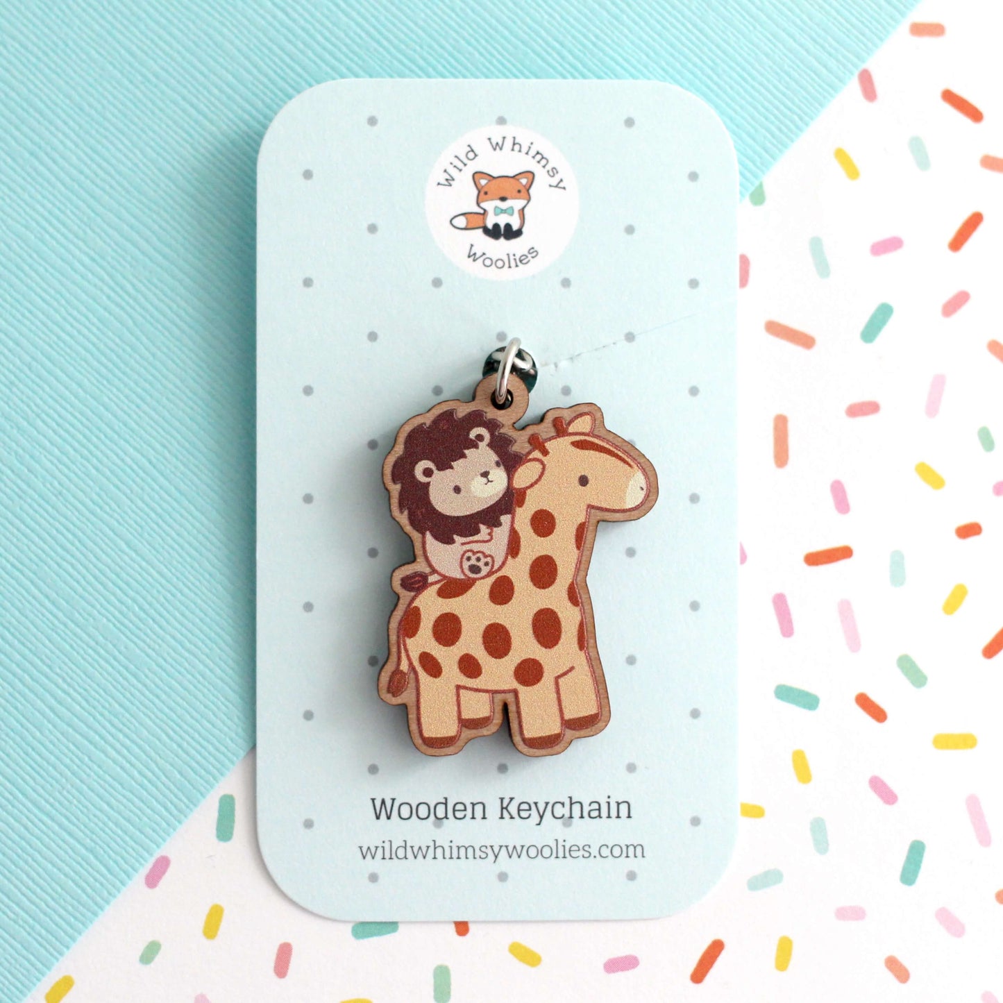 Lion Riding a Giraffe Wooden Keychain