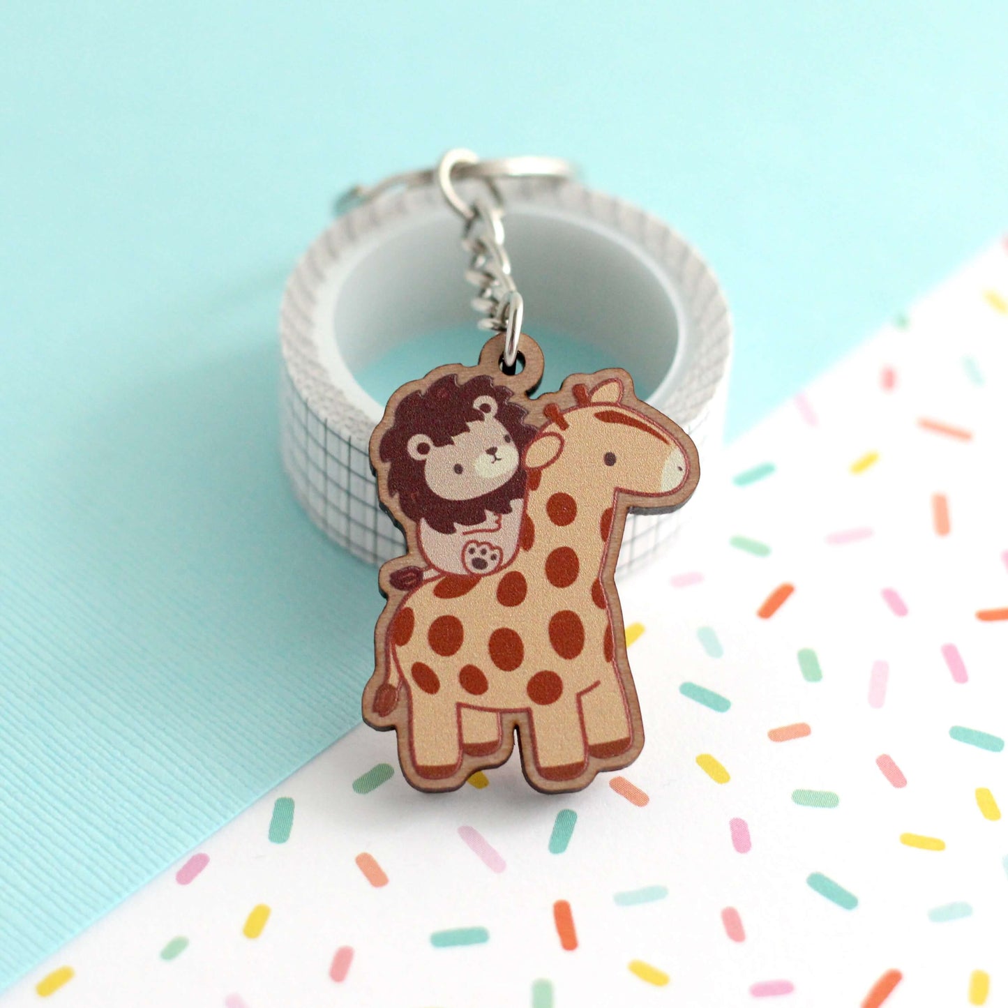 Lion Riding a Giraffe Wooden Keychain