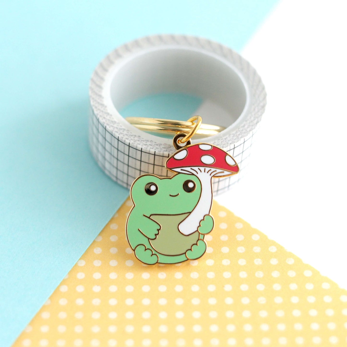 Frog with Red Mushroom Umbrella Enamel Keychain