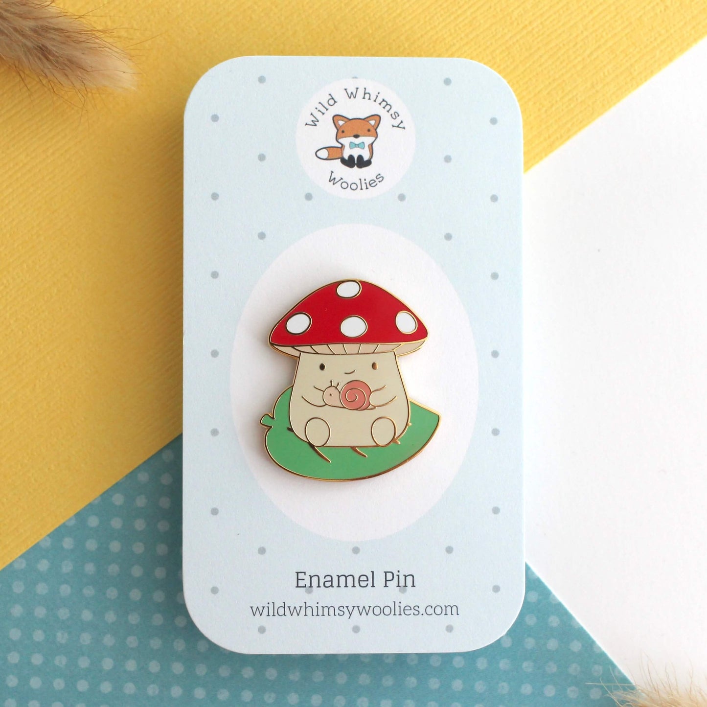 Mushroom on Leaf and holding a Snail Enamel Pin