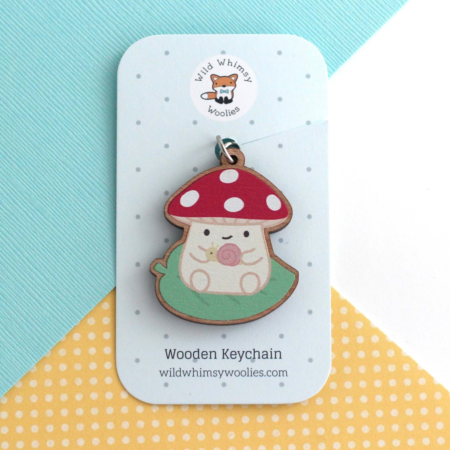 Mushroom on a Leaf Wooden Keychain - Cottagecore Charm