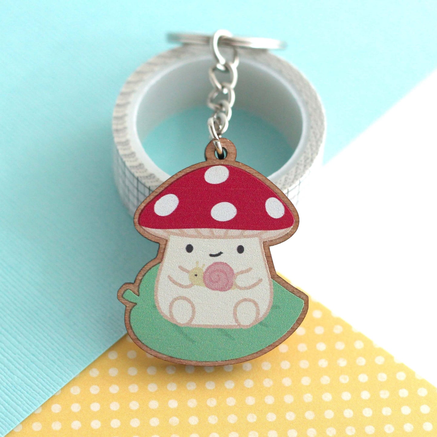 Mushroom on a Leaf Wooden Keychain - Cottagecore Charm