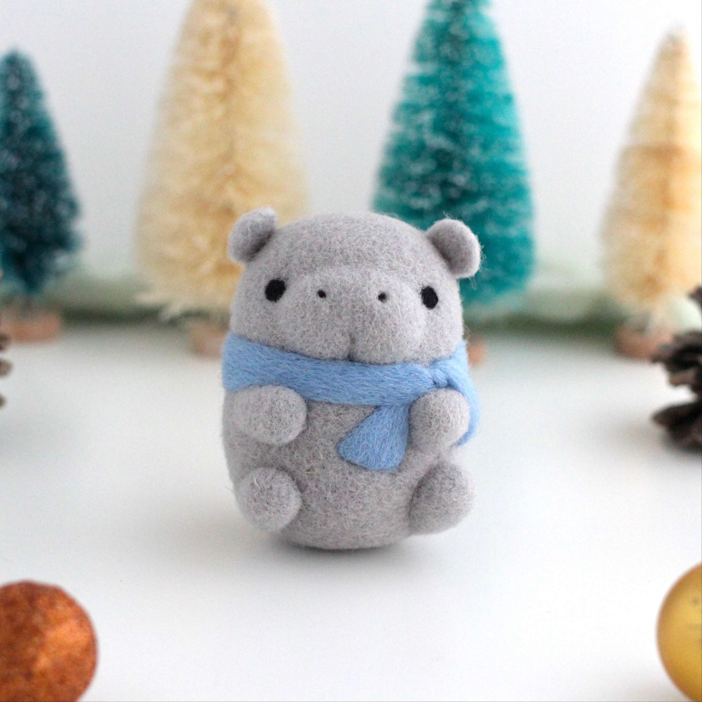 Needle Felted Hippopotamus w/ Blue Scarf
