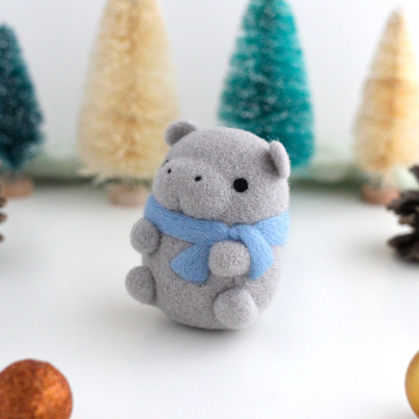 Needle Felted Hippopotamus w/ Blue Scarf