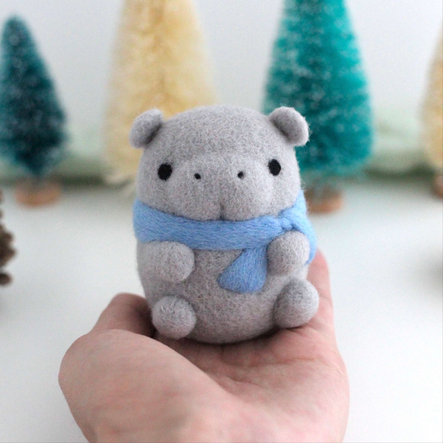 Needle Felted Hippopotamus w/ Blue Scarf