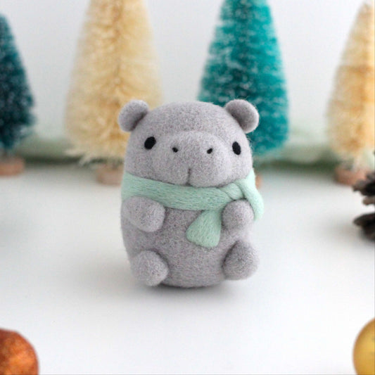 Needle Felted Hippopotamus w/ Mint Scarf