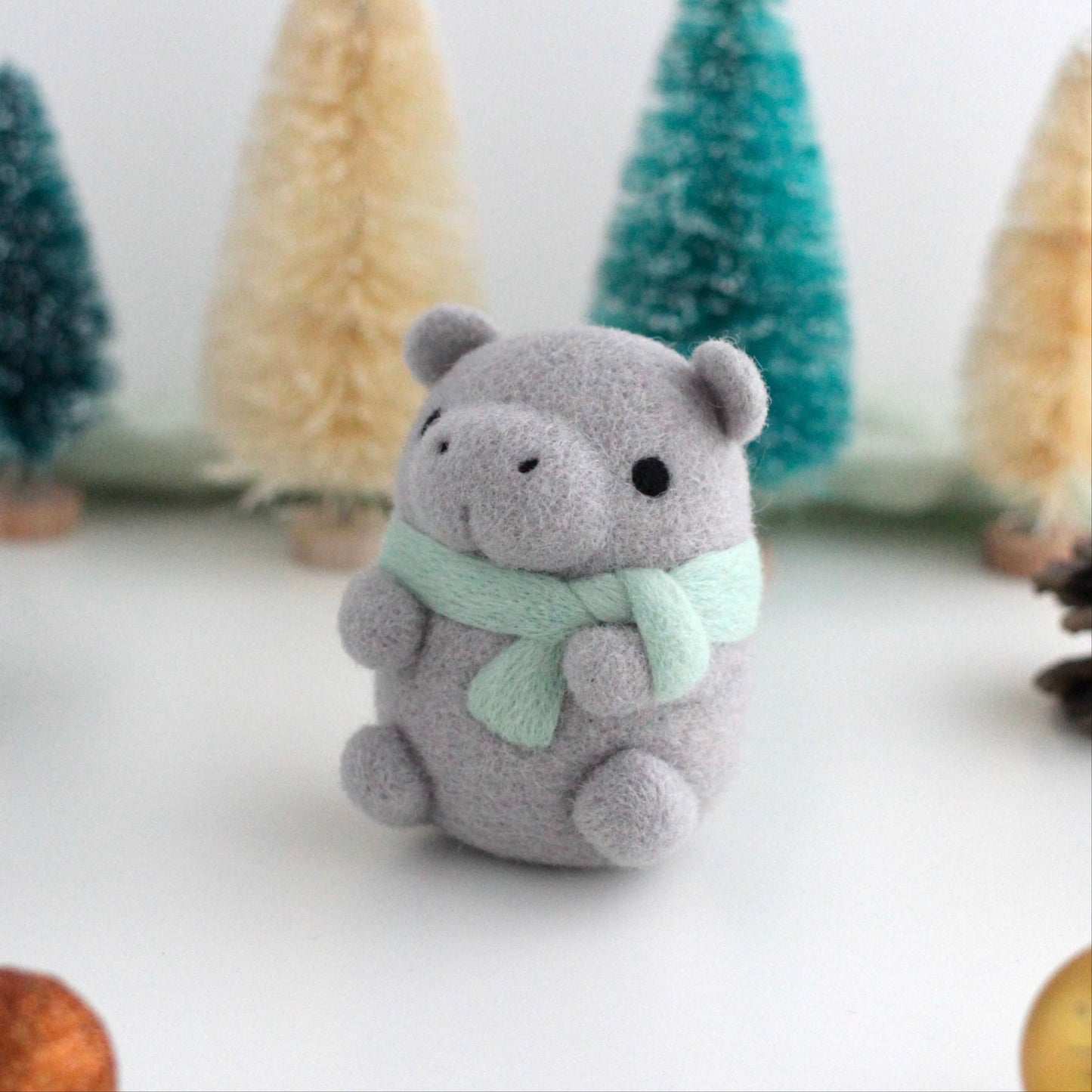 Needle Felted Hippopotamus w/ Mint Scarf
