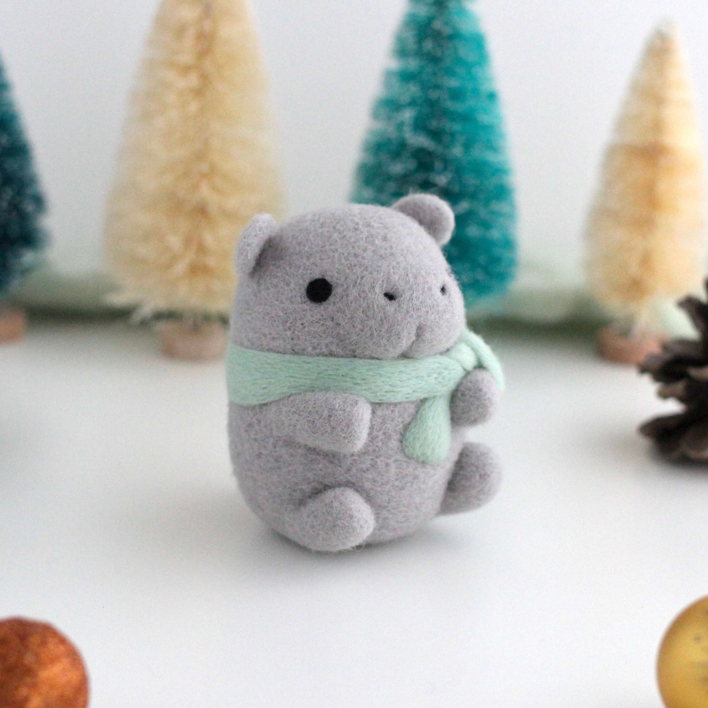Needle Felted Hippopotamus w/ Mint Scarf