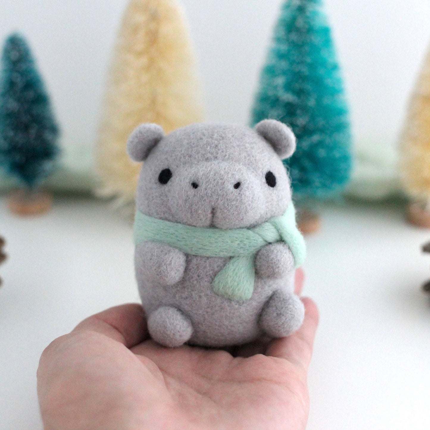 Needle Felted Hippopotamus w/ Mint Scarf