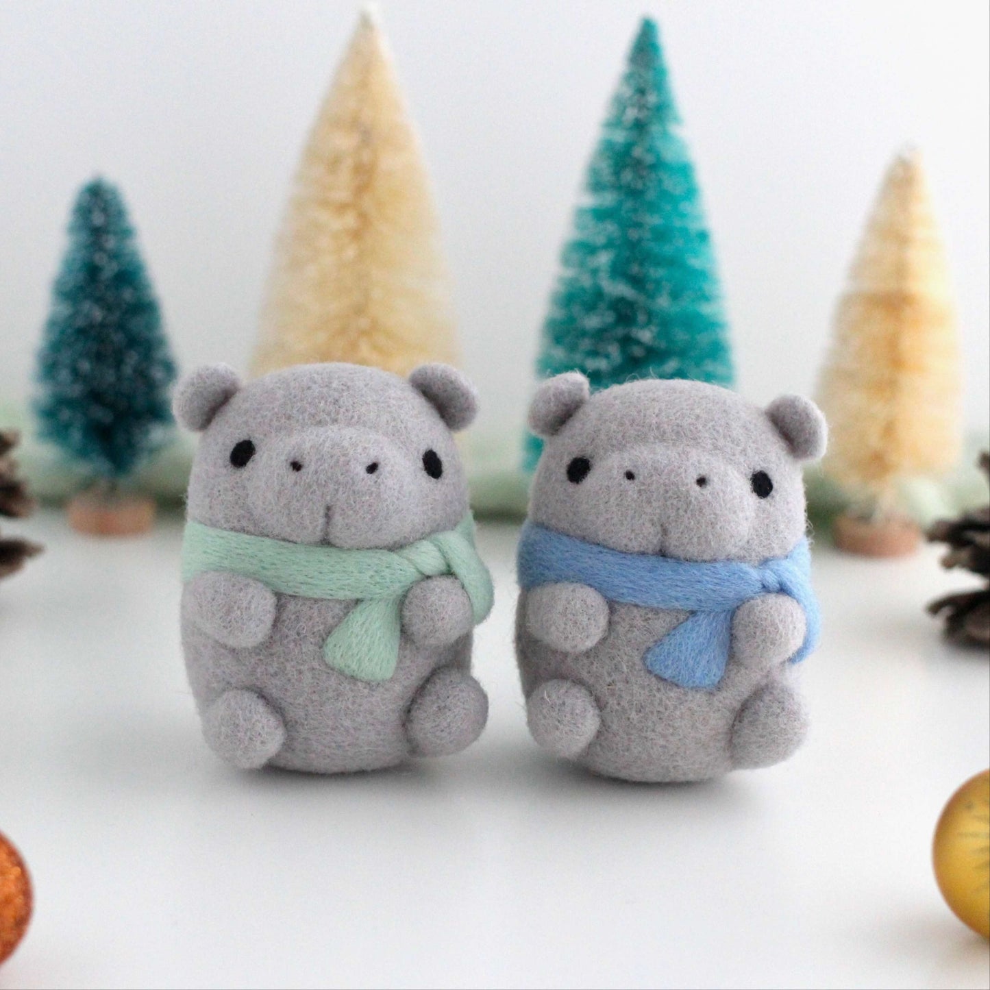 Needle Felted Hippopotamus w/ Blue Scarf