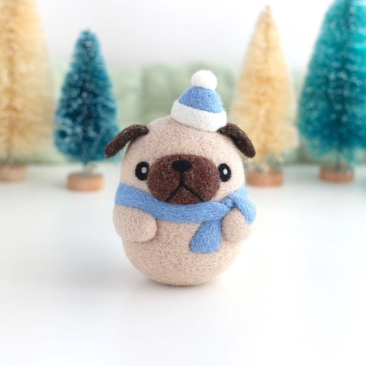 Needle Felted Pug with Blue Santa Hat