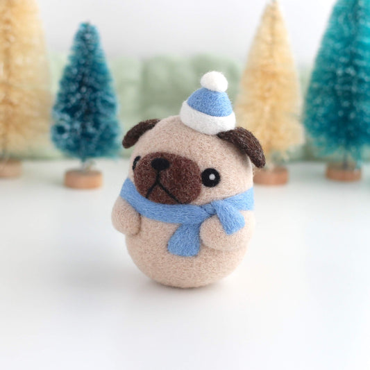 Needle Felted Pug with Blue Santa Hat