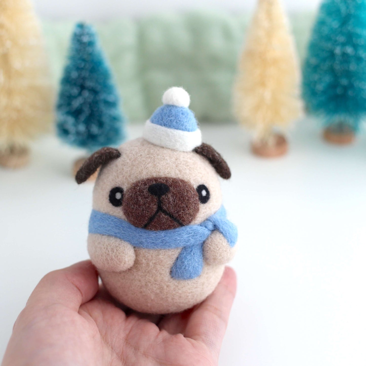 Needle Felted Pug with Blue Santa Hat
