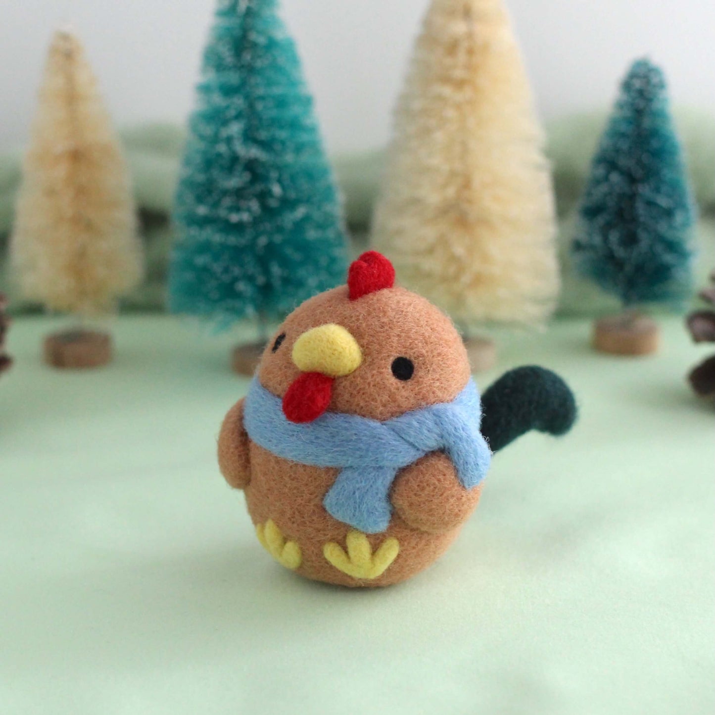 Needle Felted Cozy Brown Chicken w/ Blue Scarf