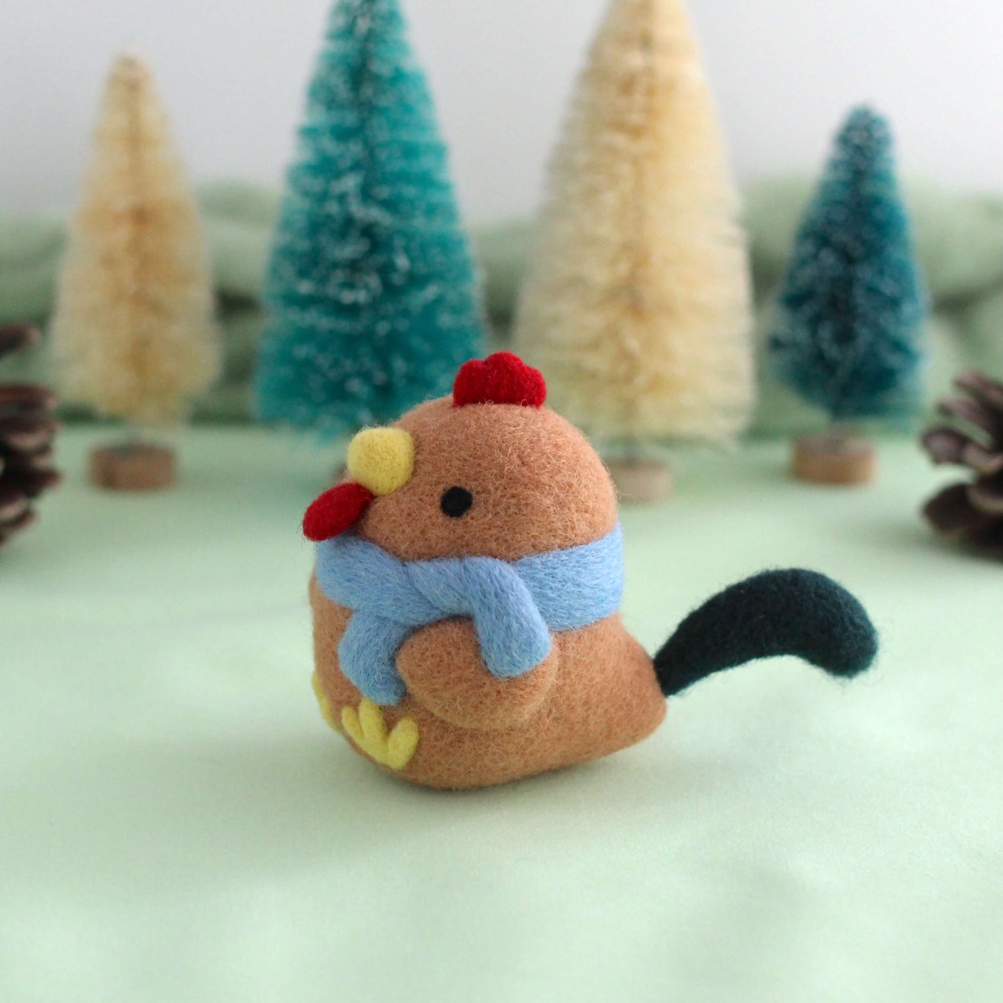 Needle Felted Cozy Brown Chicken w/ Blue Scarf