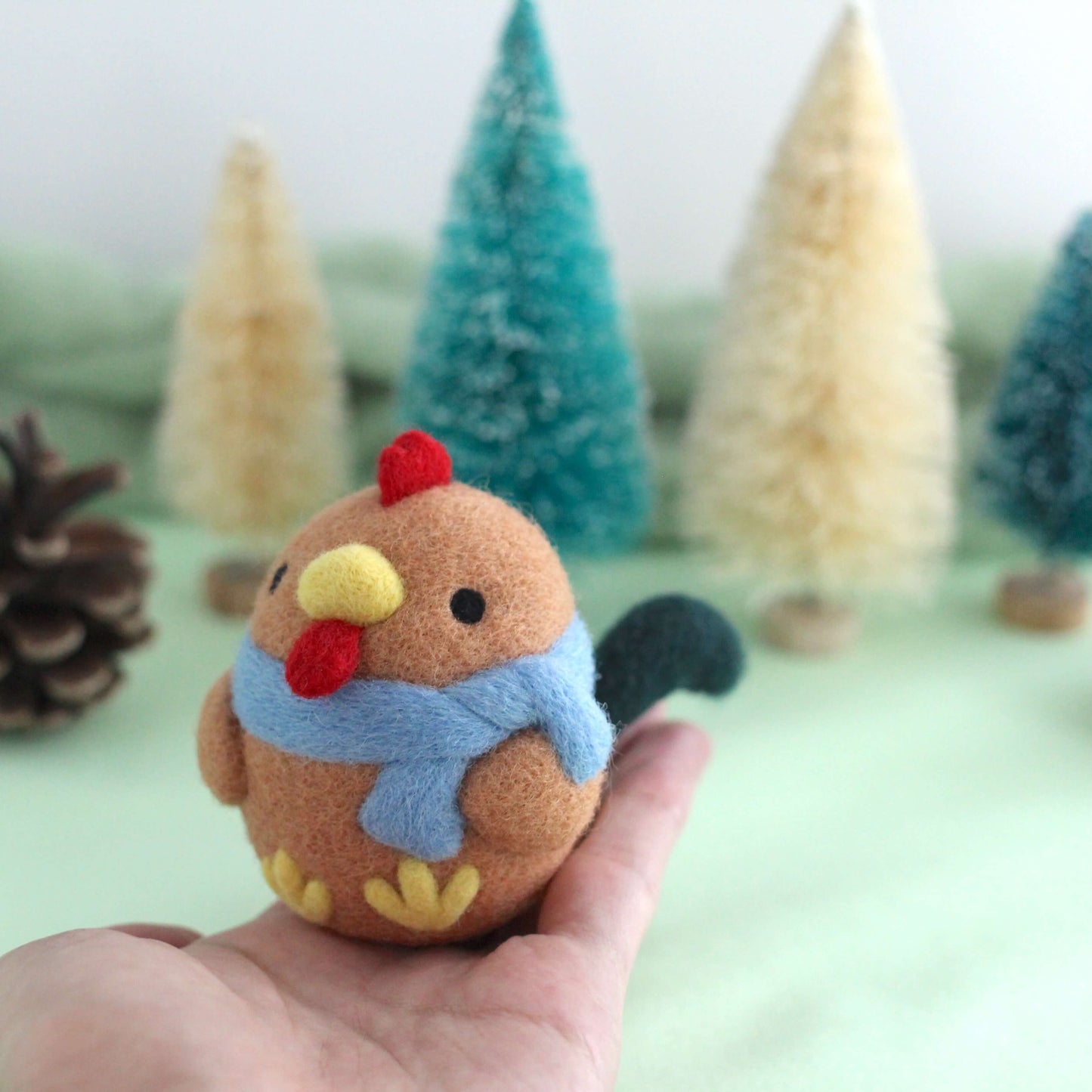 Needle Felted Cozy Brown Chicken w/ Blue Scarf