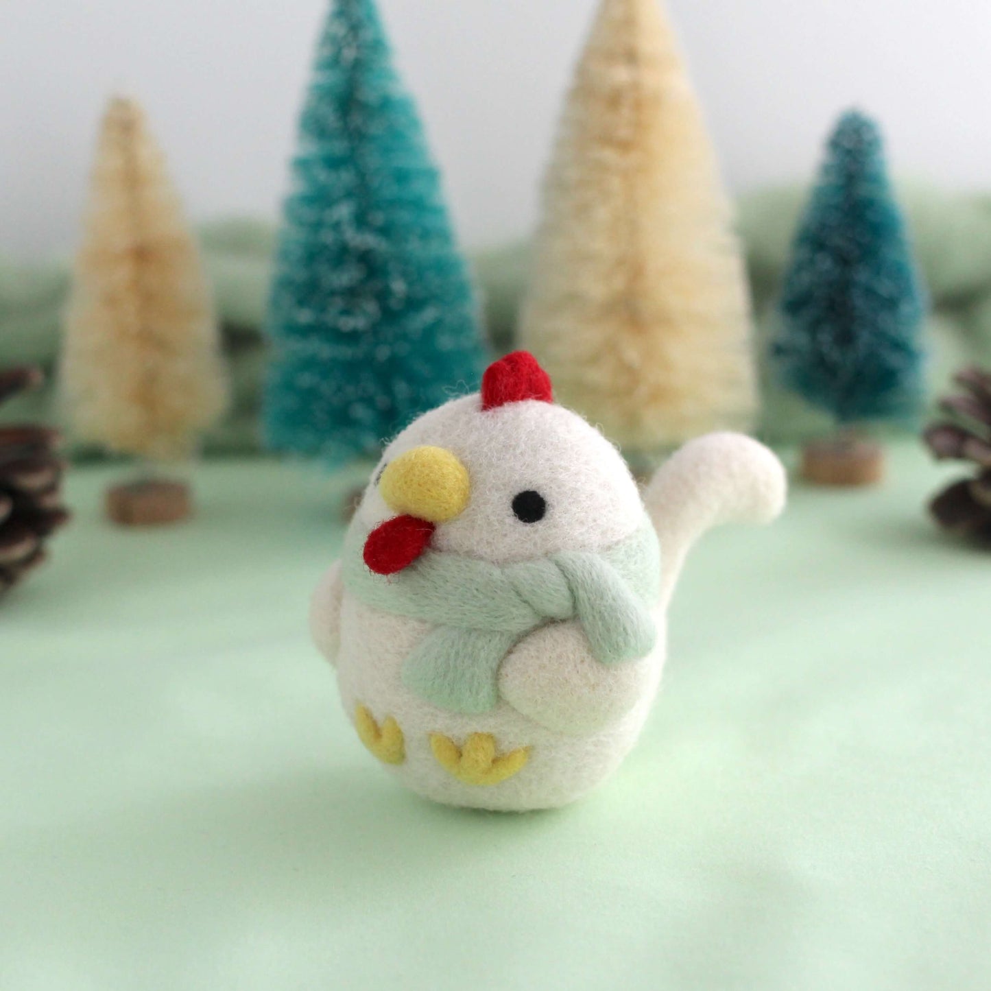 Needle Felted Cozy White Chicken w/ Mint Scarf