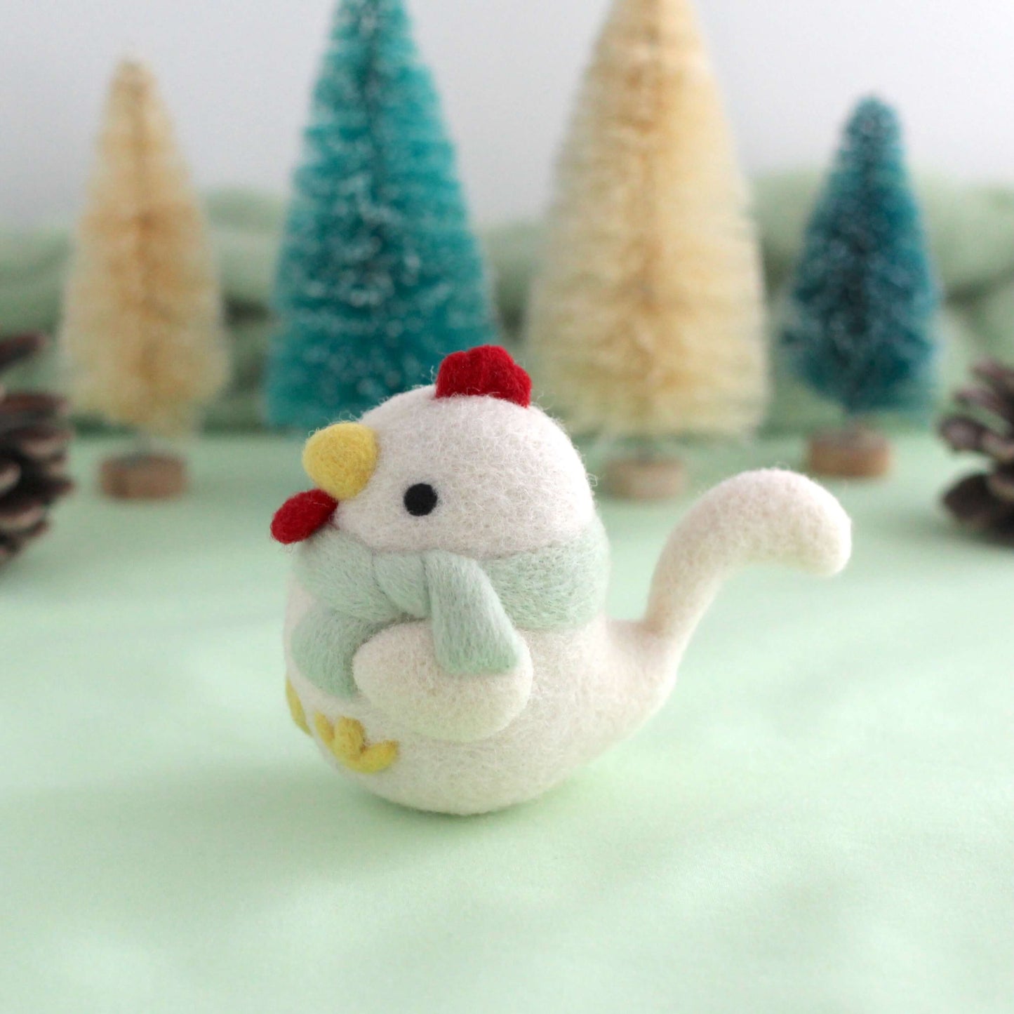 Needle Felted Cozy White Chicken w/ Mint Scarf