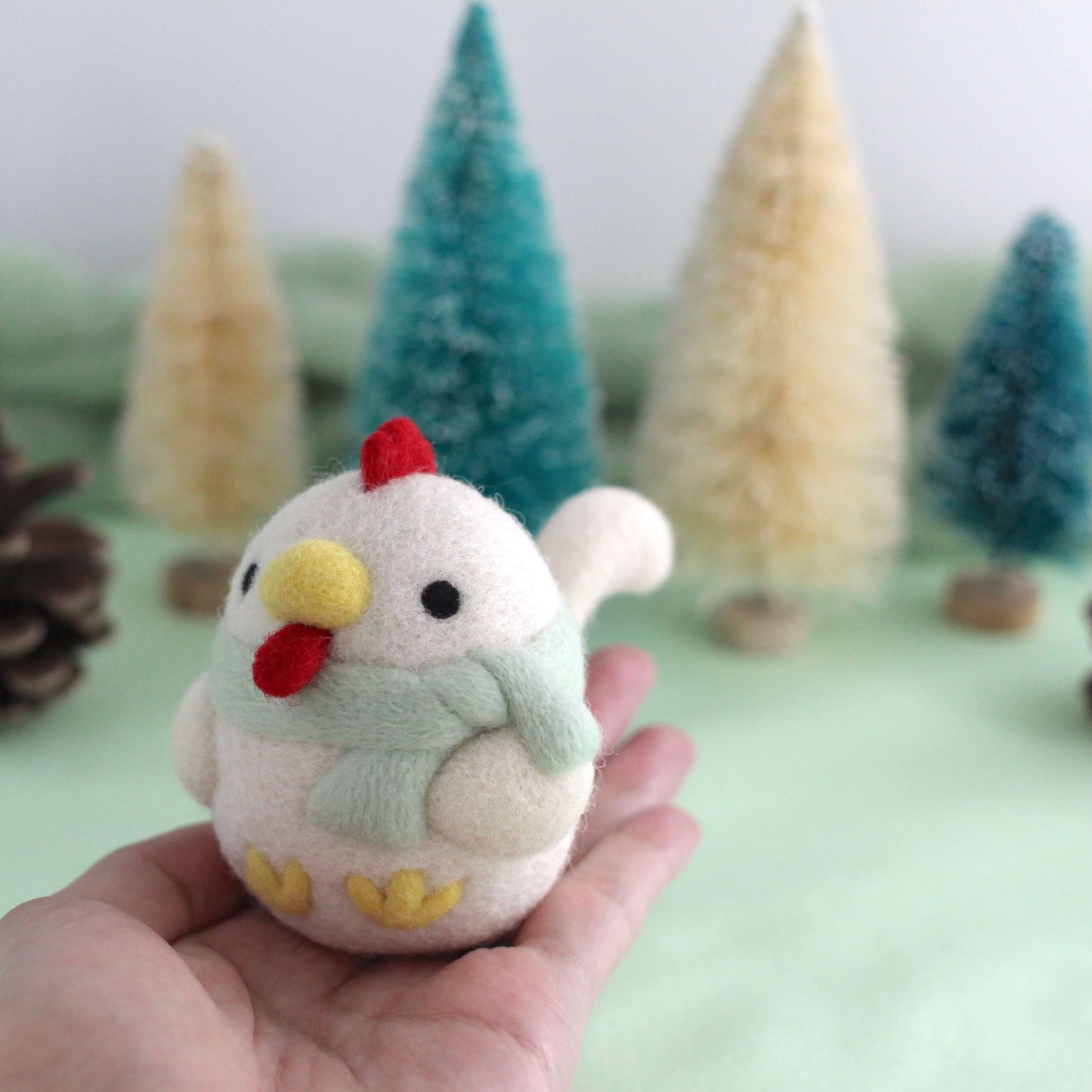 Needle Felted Cozy White Chicken w/ Mint Scarf