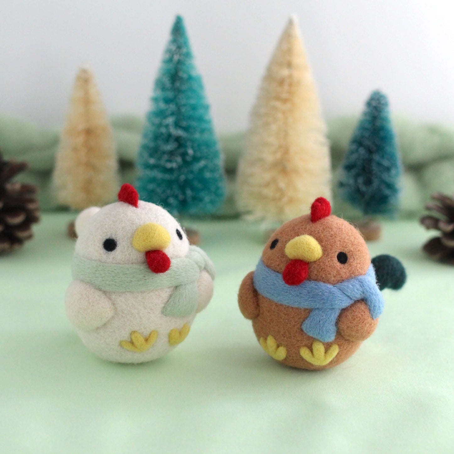 Needle Felted Cozy Brown Chicken w/ Blue Scarf