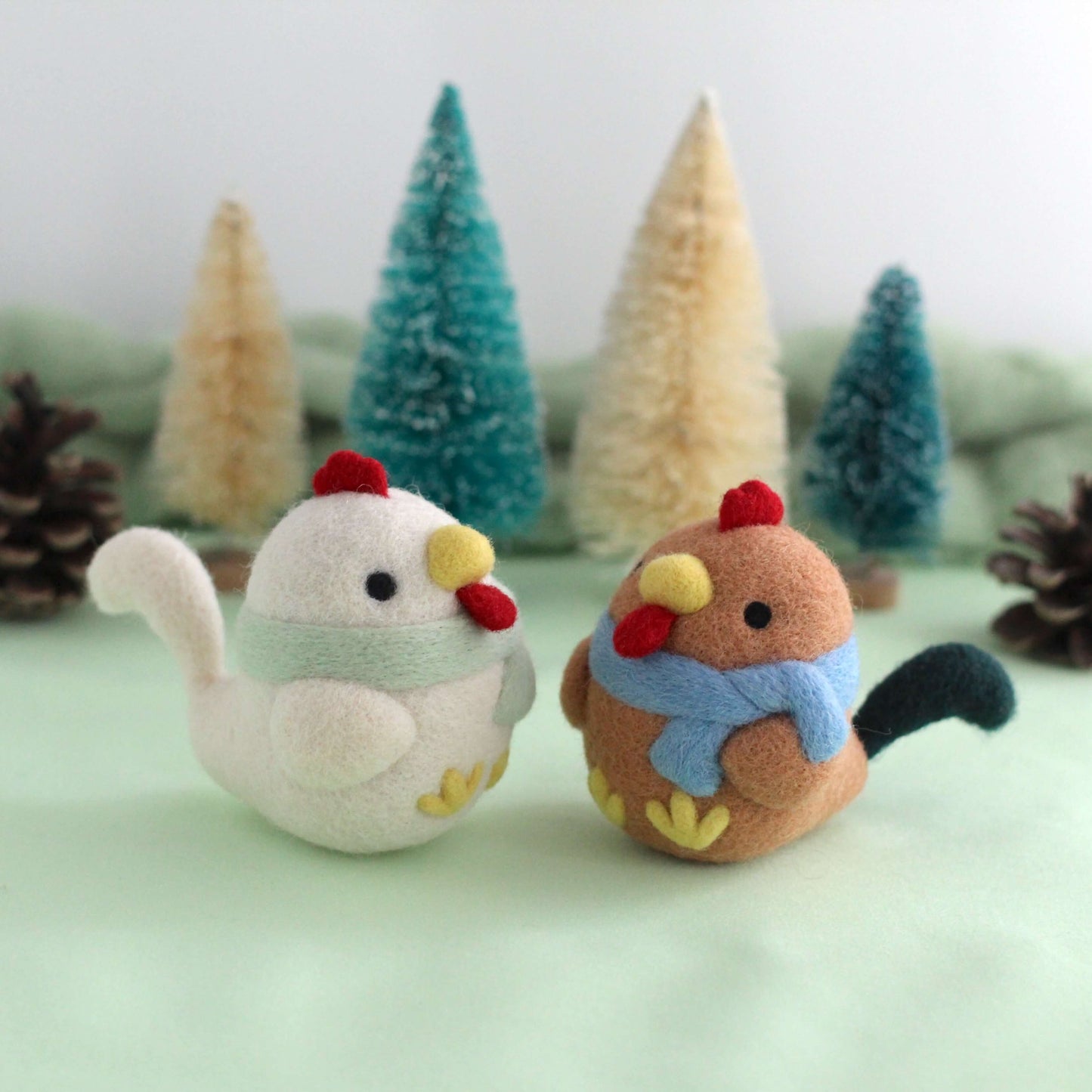 Needle Felted Cozy Brown Chicken w/ Blue Scarf