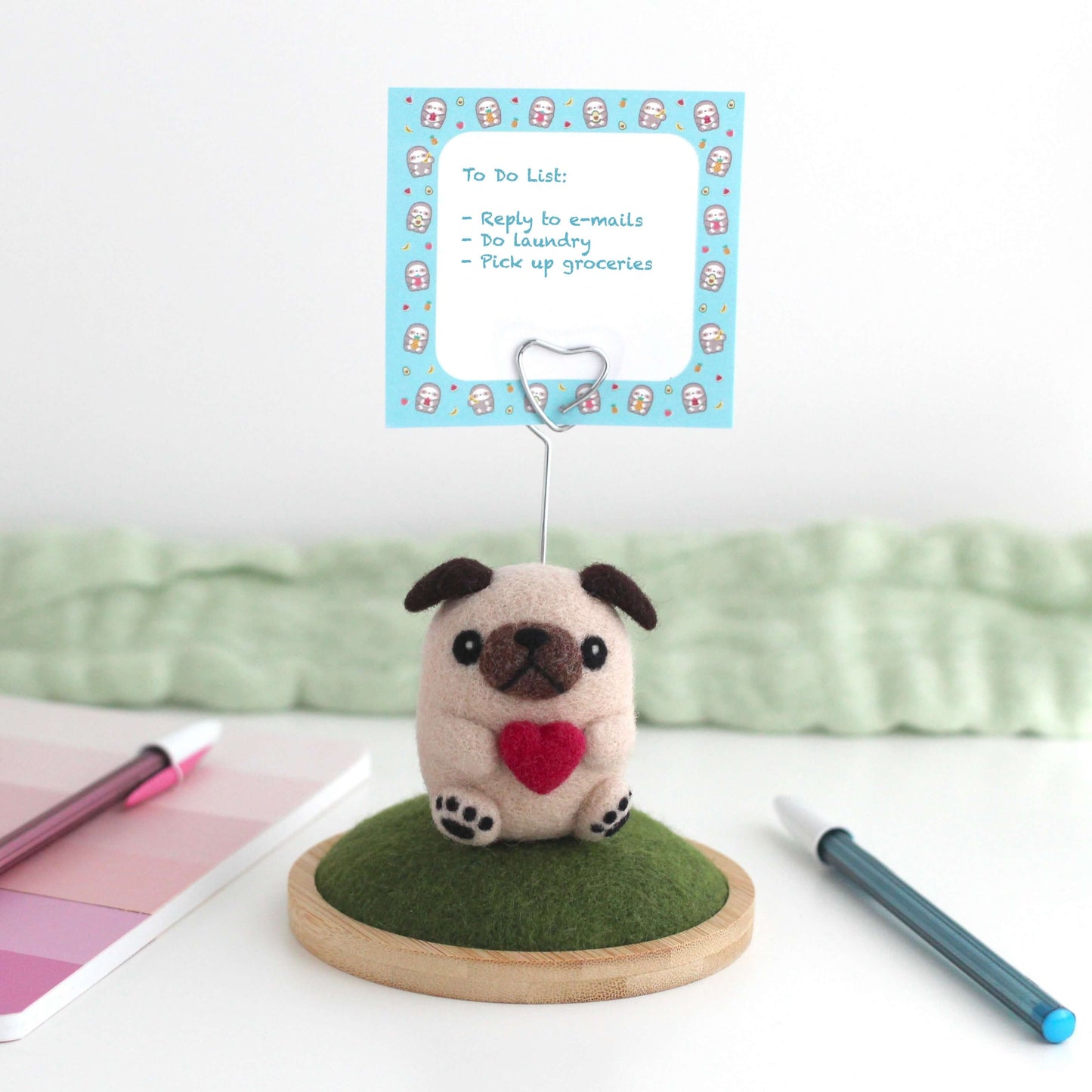 Pug Holding a Heart Note Holder