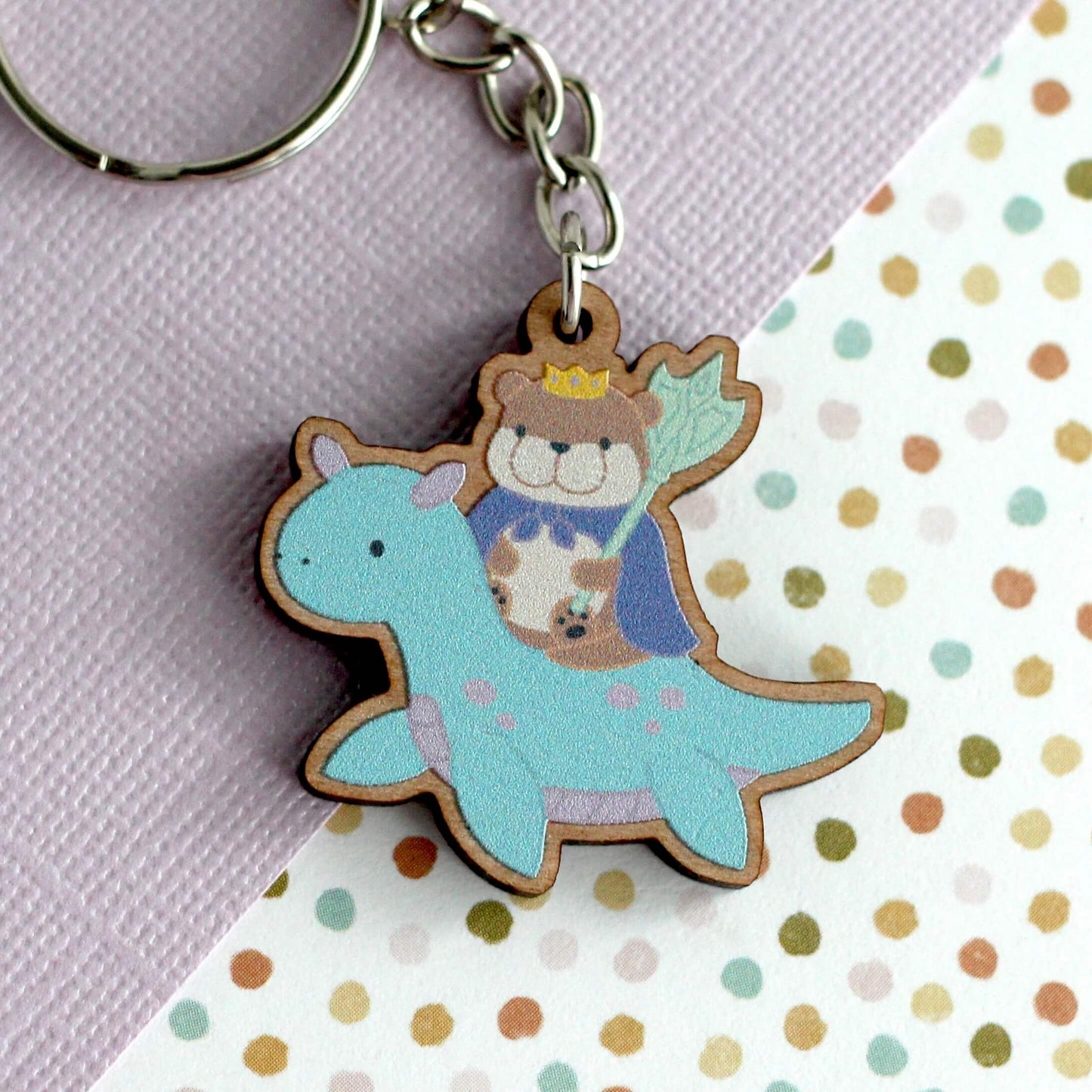 Otter King Riding Sea Dragon Wooden Keychain