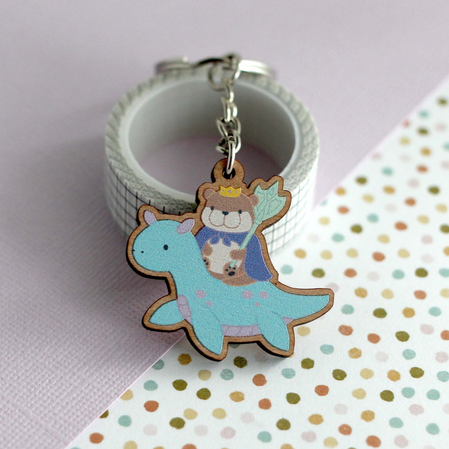 Otter King Riding Sea Dragon Wooden Keychain