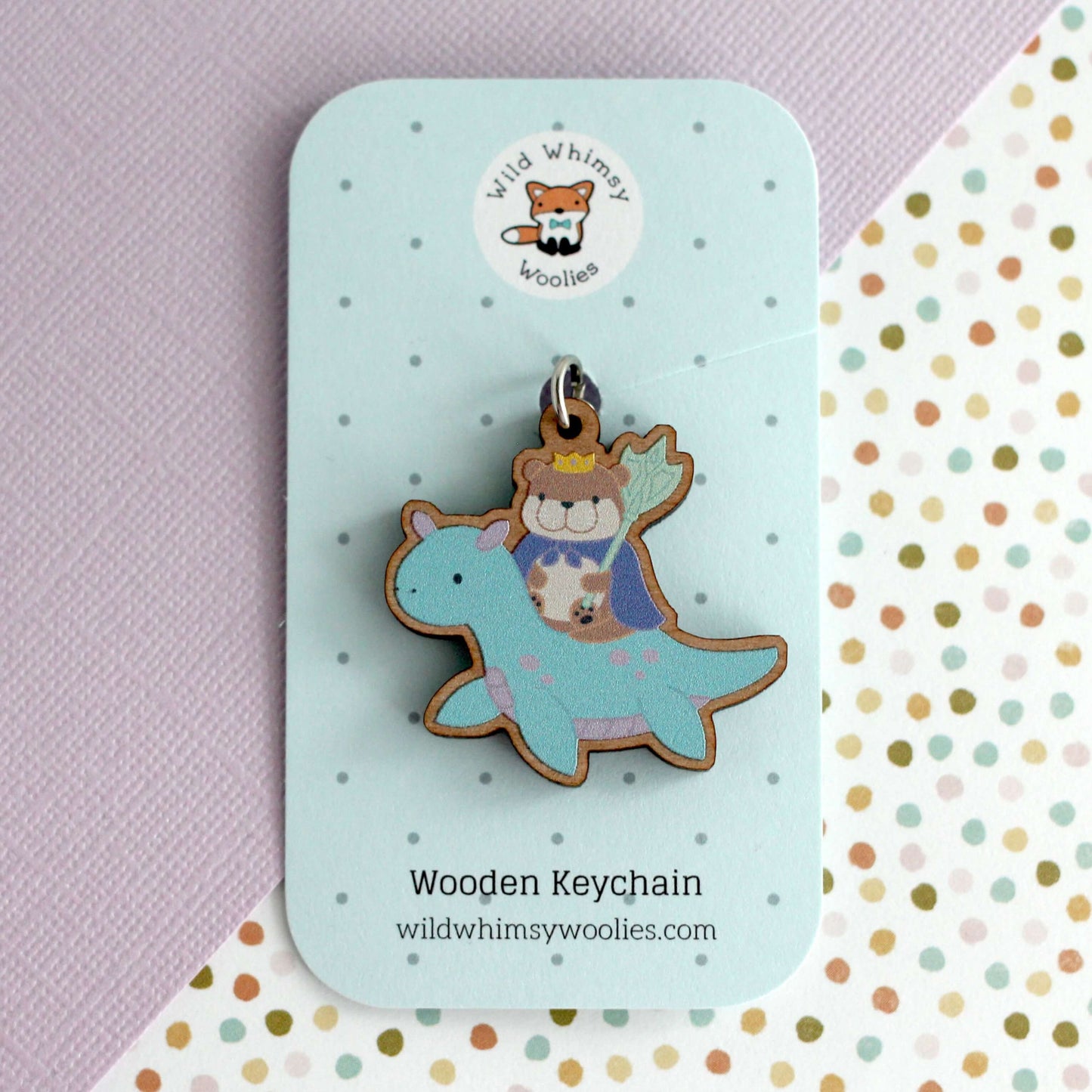 Otter King Riding Sea Dragon Wooden Keychain