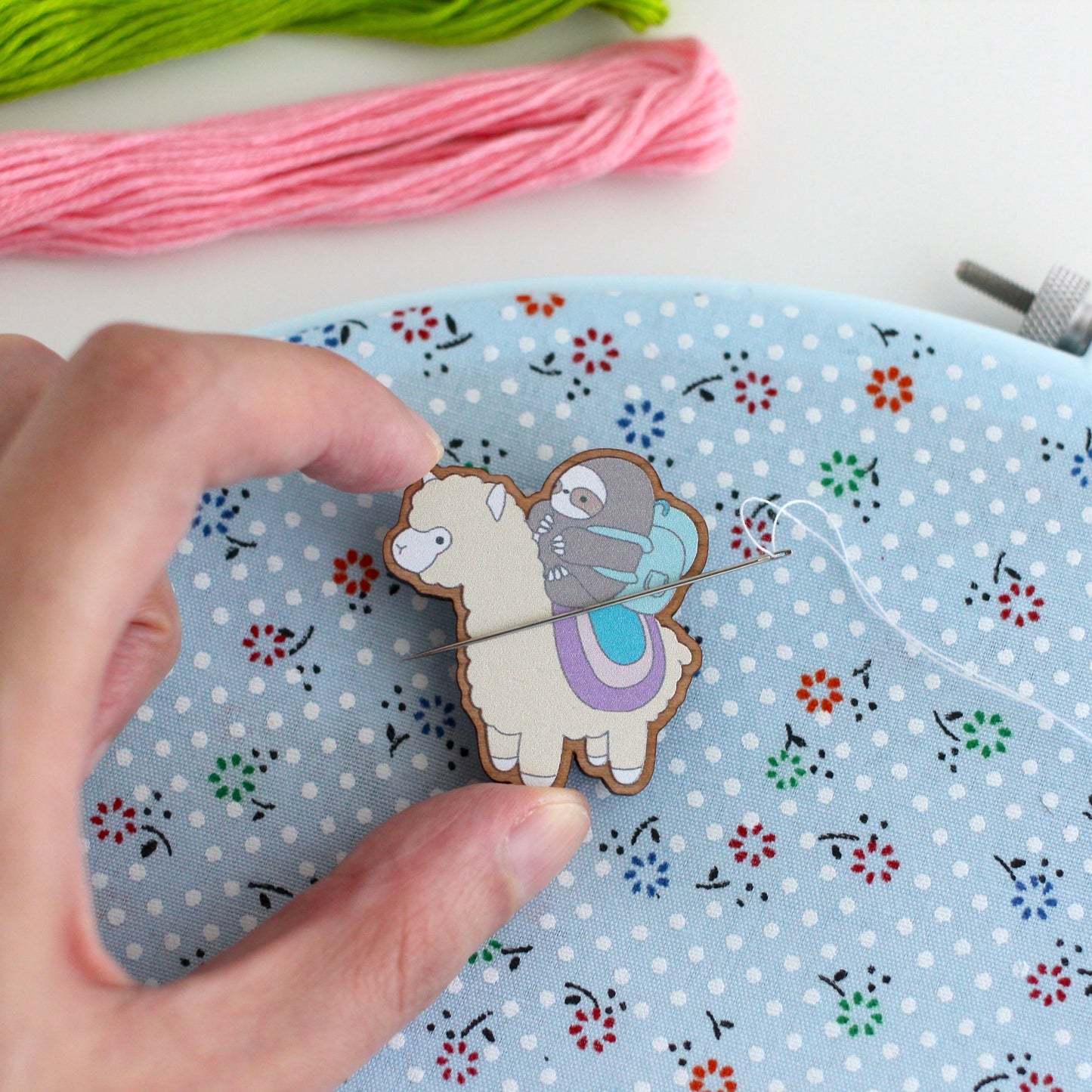 Sloth riding Alpaca Wooden Needle Minder