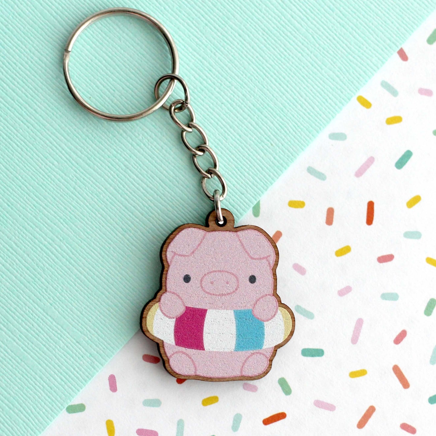 Pig with Floatie Wooden Keychain