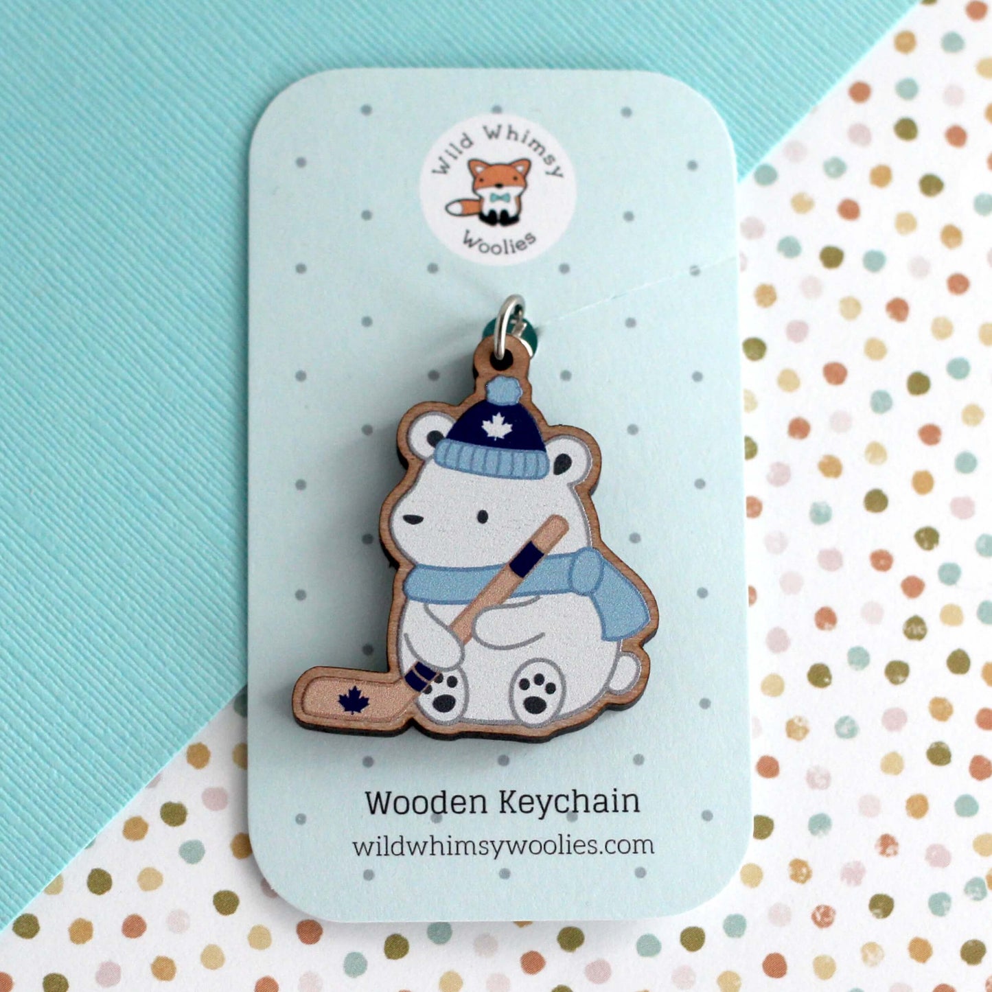 Polar Bear Playing Hockey Wooden Keychain