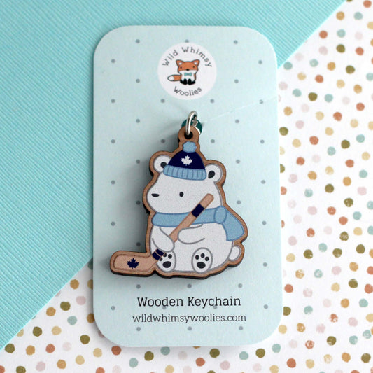 Polar Bear Playing Hockey Wooden Keychain
