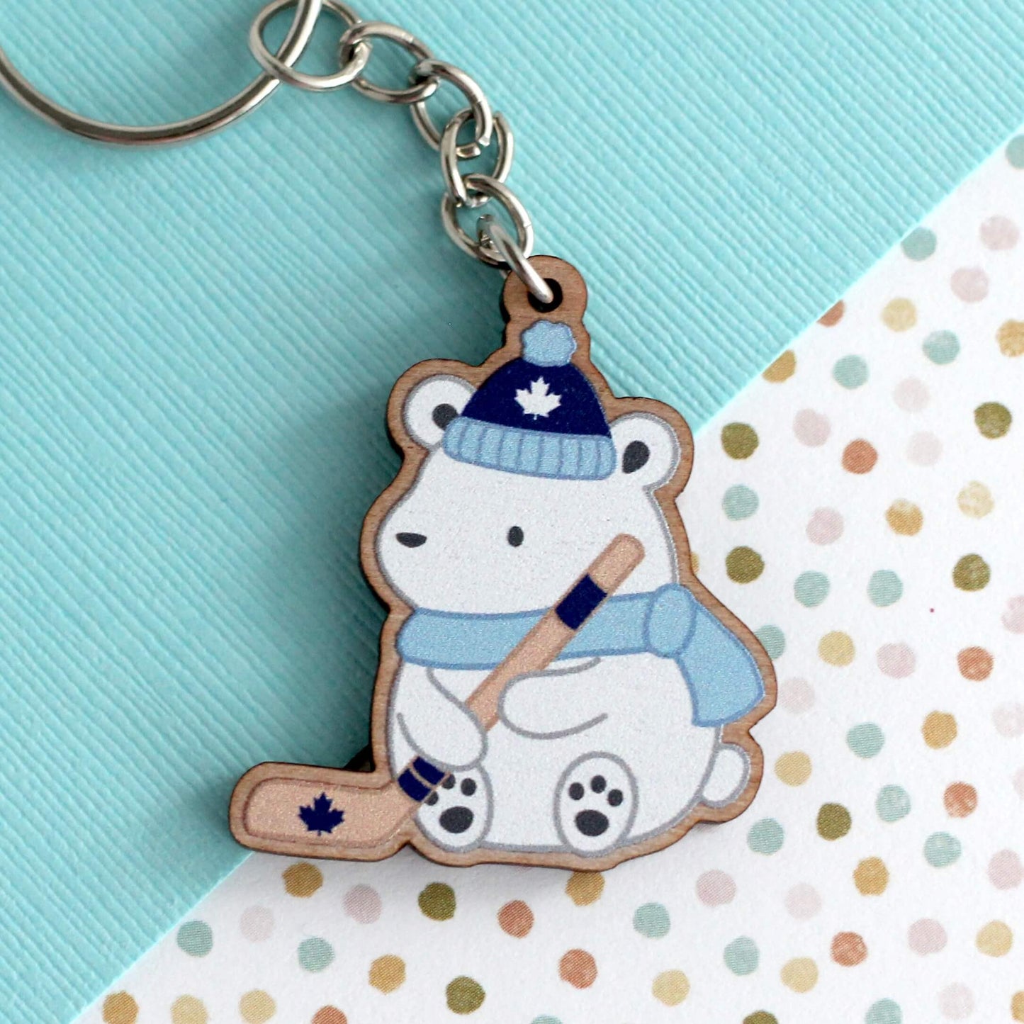 Polar Bear Playing Hockey Wooden Keychain