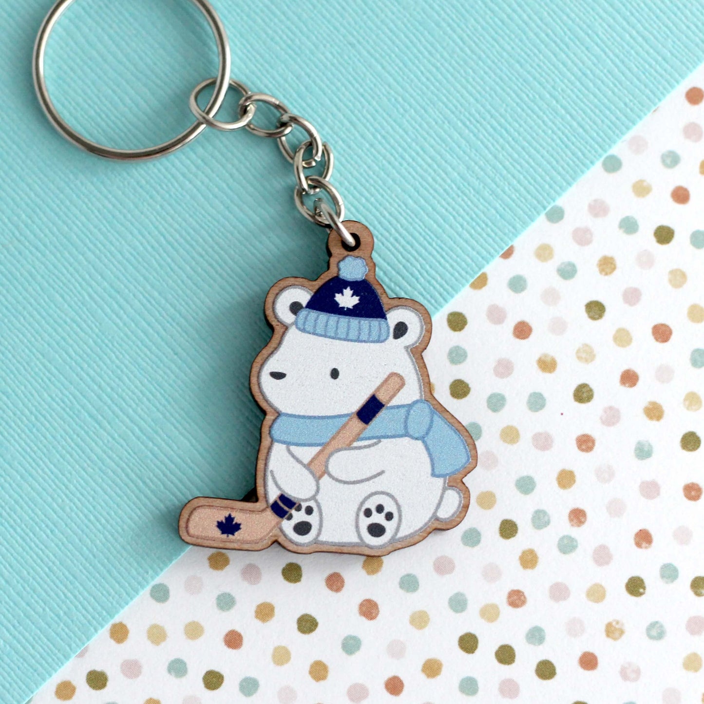 Polar Bear Playing Hockey Wooden Keychain