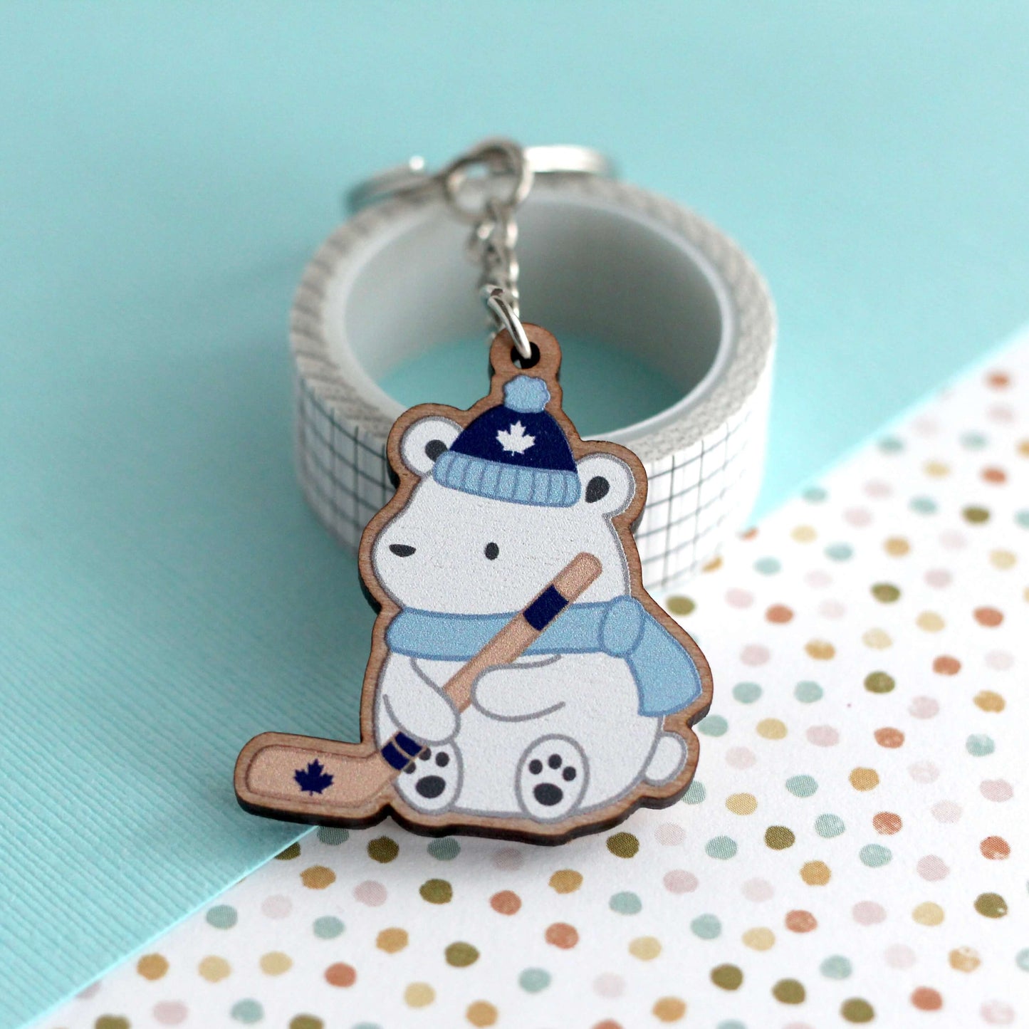 Polar Bear Playing Hockey Wooden Keychain
