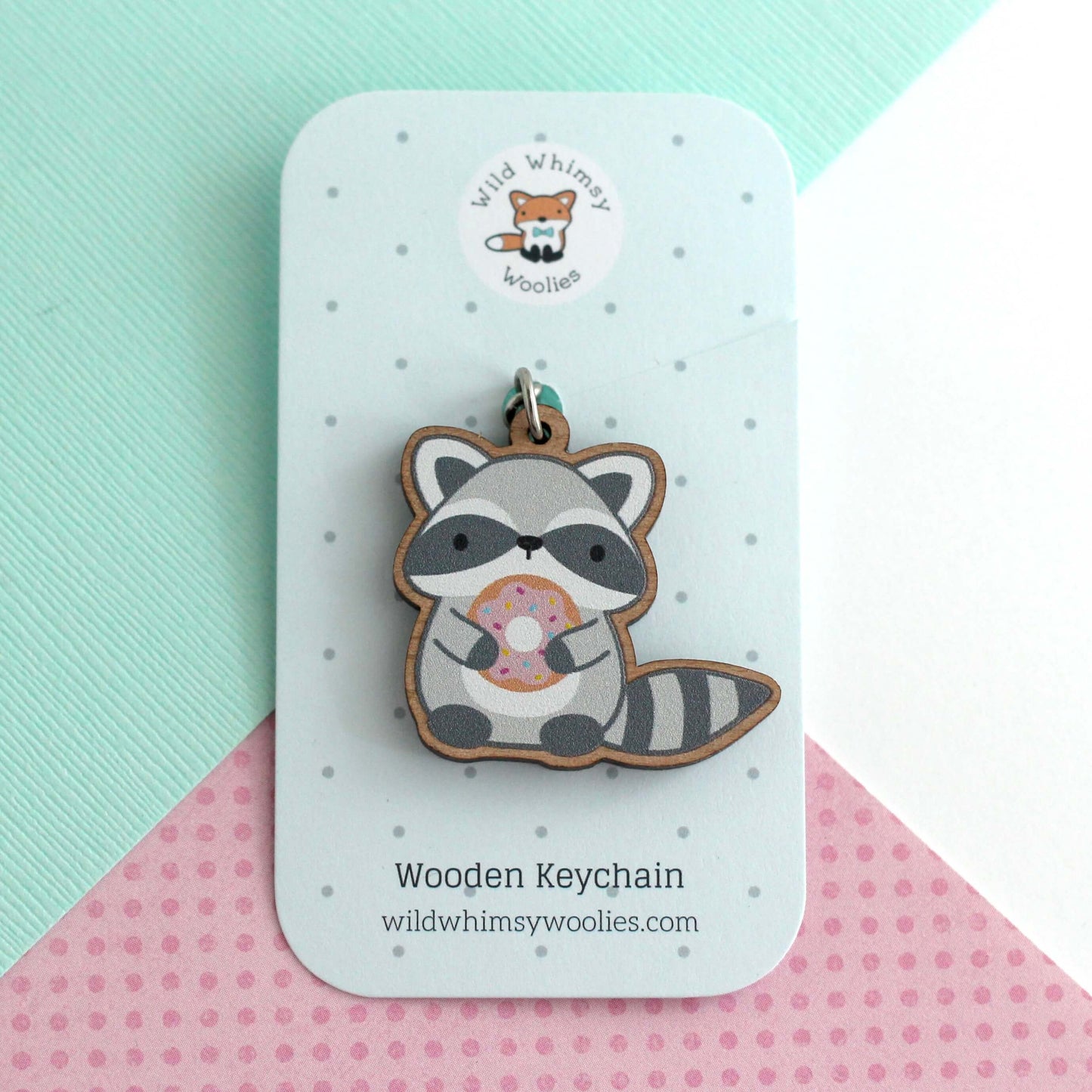 Raccoon Holding Donut Wooden Keychain