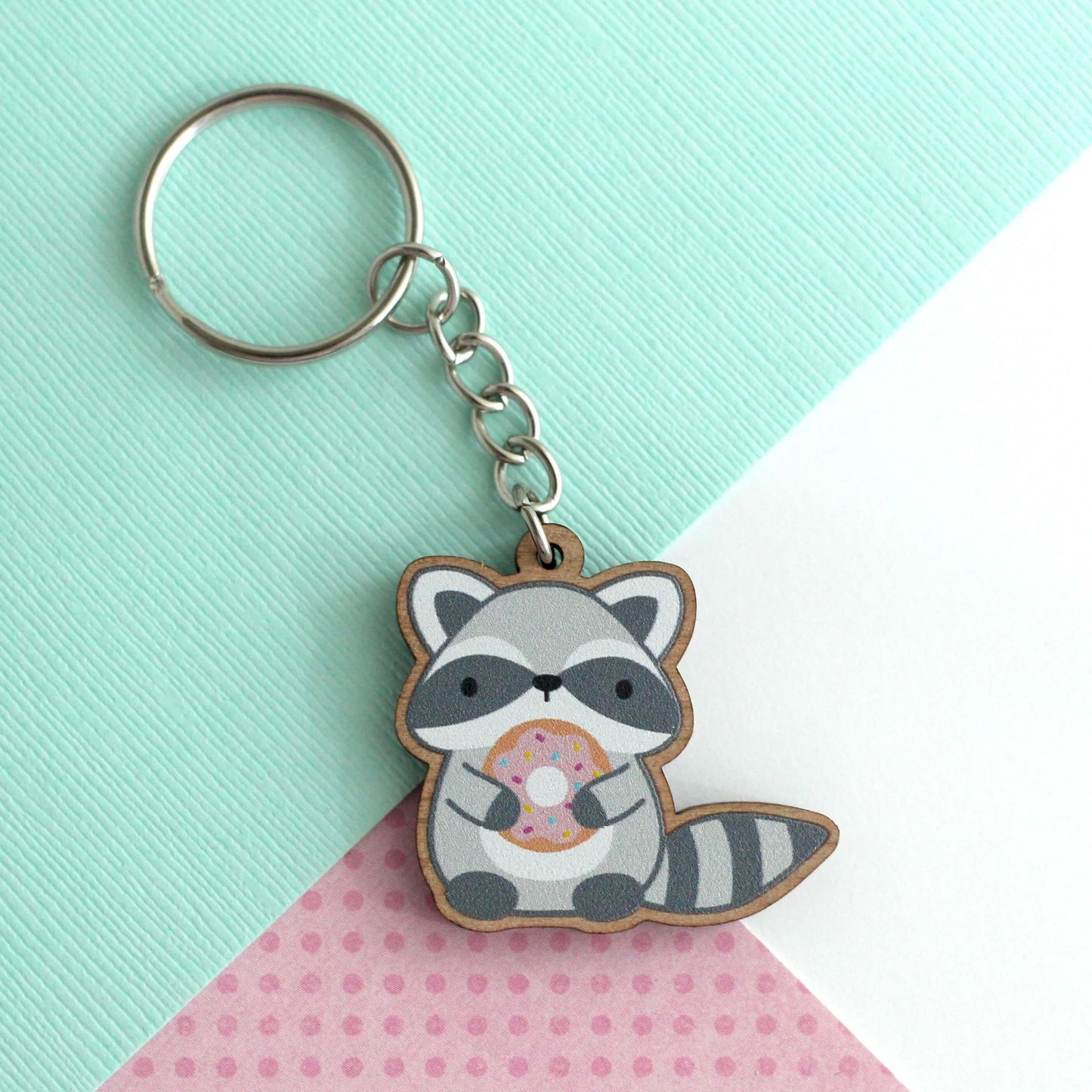 Raccoon Holding Donut Wooden Keychain