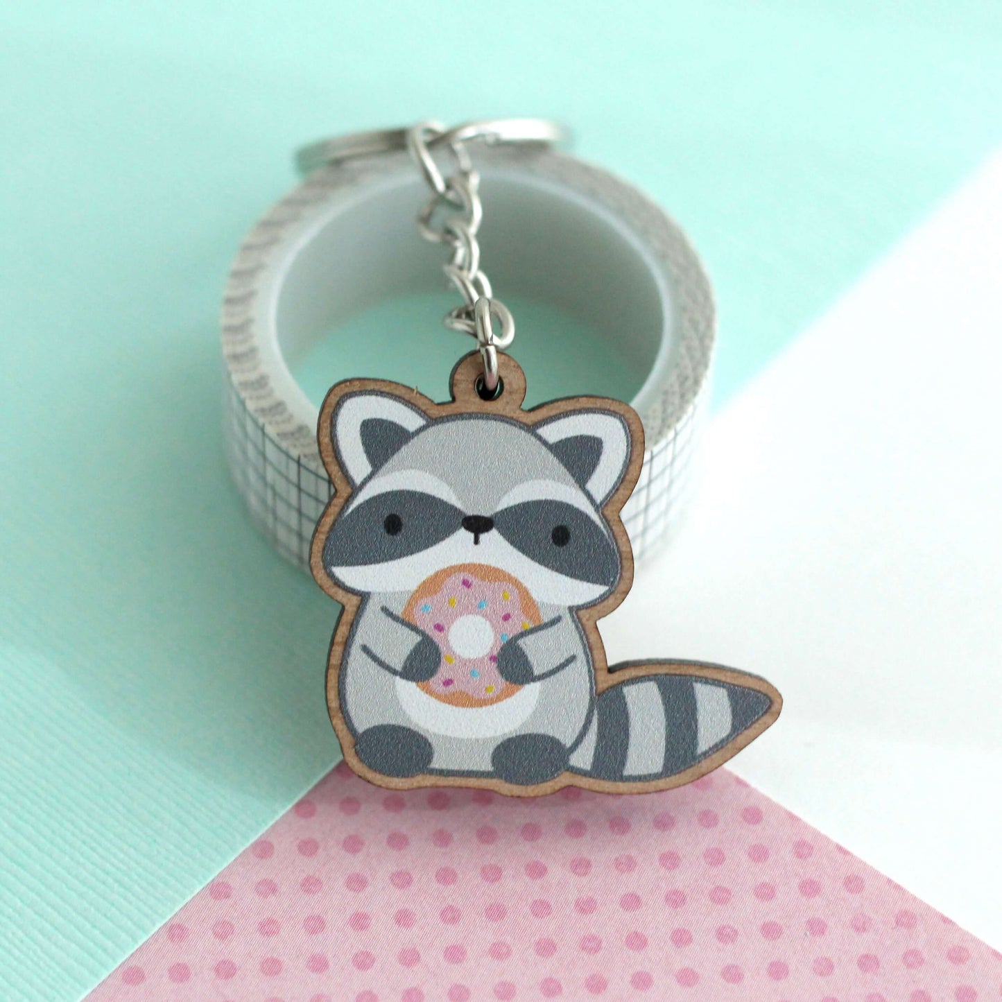 Raccoon Holding Donut Wooden Keychain